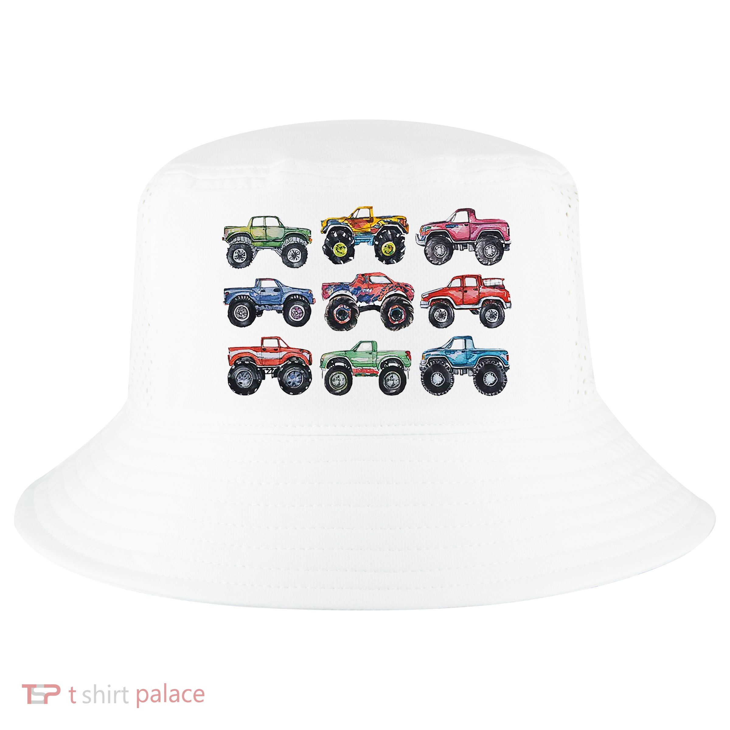 Retro Monster Trucks In A Row Cool Comfort Performance Bucket Hat