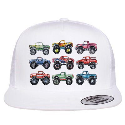 Retro Monster Trucks In A Row Flatbill Hat