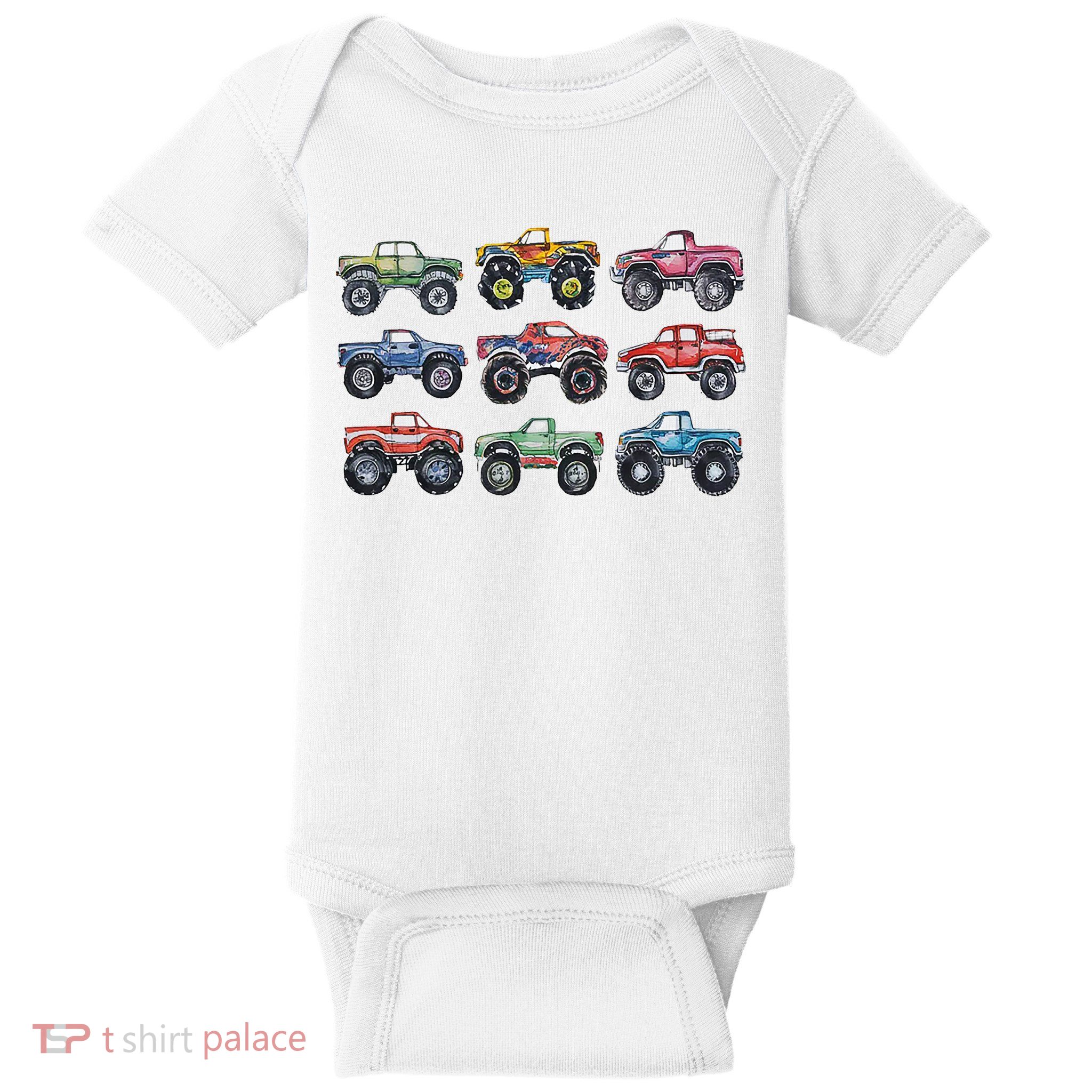 Retro Monster Trucks In A Row Baby Bodysuit