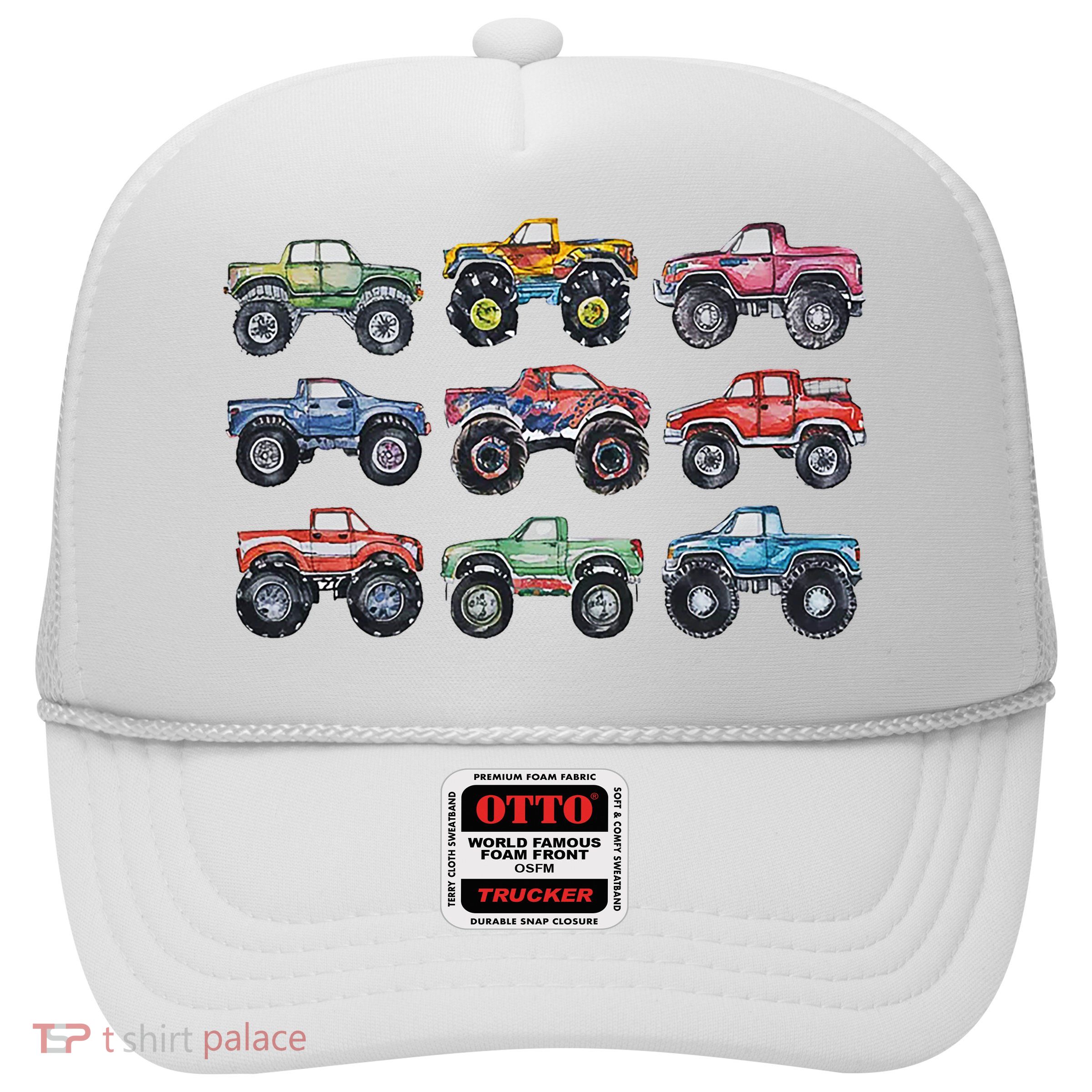 Retro Monster Trucks In A Row Trucker Hat