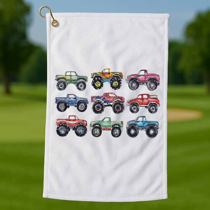 Retro Monster Trucks In A Row Golf Towel