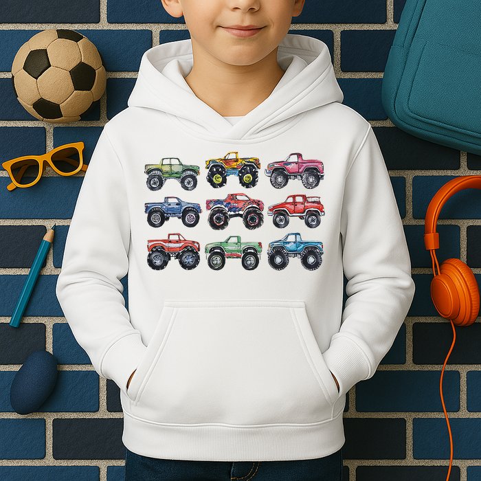 Retro Monster Trucks In A Row Kids Hoodie
