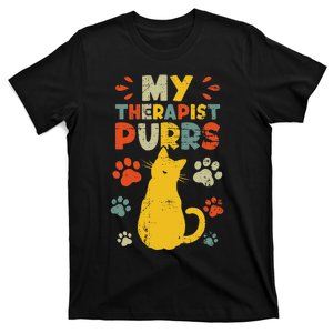 Retro My Therapist Purrs Cat Mental Health Funny Cat Lover T-Shirt