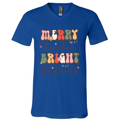 Retro Merry Teacher Bright Students Funny Christmas Teacher Gift V-Neck T-Shirt