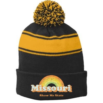 Retro Missouri Vintage 70s Rainbow Stripe Pom Pom Beanie