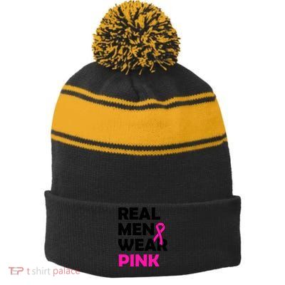 Real M.e.n Wear Pink Breast Cancer Awareness Stripe Pom Pom Beanie