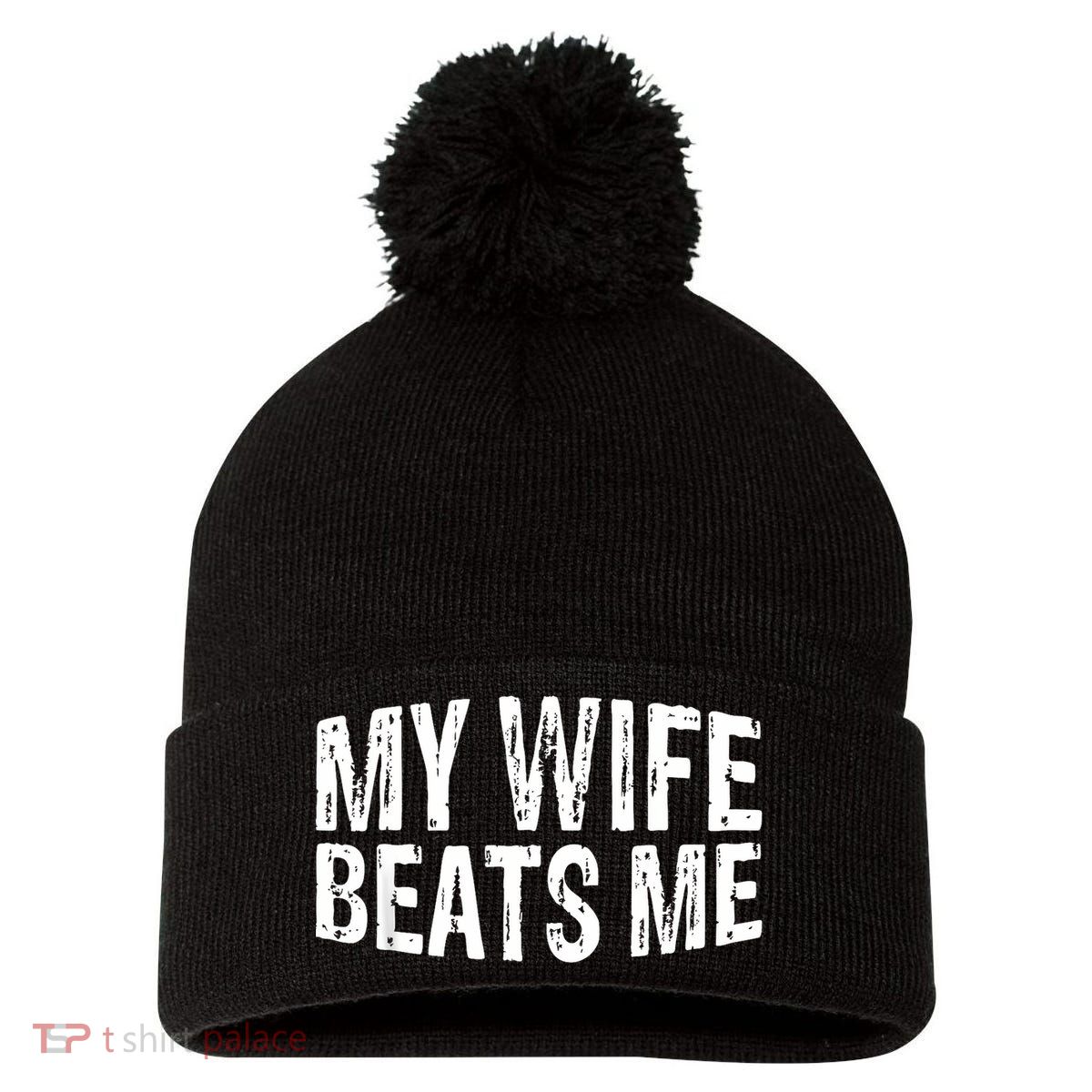 Retro My Wife Beats Me Husband Vintage Funny Pom Pom 12in Knit Beanie
