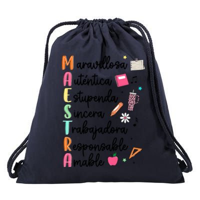 Retro Maestra Word Teach Love Inspire Spanish Teacher Drawstring Bag