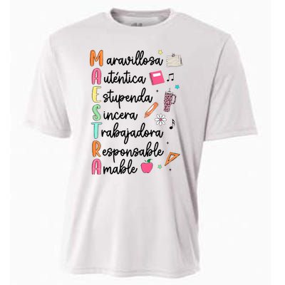 Retro Maestra Word Teach Love Inspire Spanish Teacher Cooling Performance Crew T-Shirt