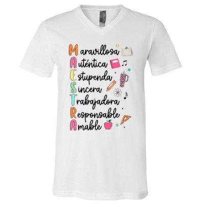 Retro Maestra Word Teach Love Inspire Spanish Teacher V-Neck T-Shirt