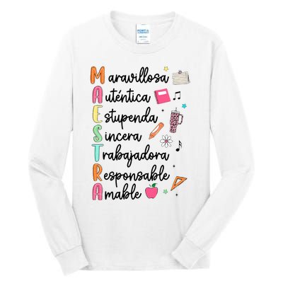 Retro Maestra Word Teach Love Inspire Spanish Teacher Tall Long Sleeve T-Shirt