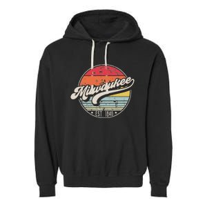 Retro Milwaukee Wi Home City 70s Style Sunset Gift Garment-Dyed Fleece Hoodie