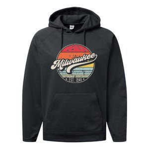 Retro Milwaukee Wi Home City 70s Style Sunset Gift Performance Fleece Hoodie