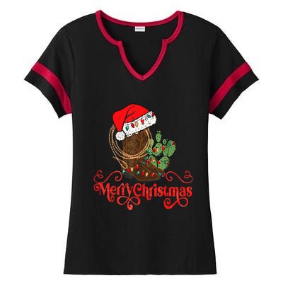 Retro Merry Xmas Santa Hat Cowboy Boots Western Christmas Ladies Halftime Notch Neck Tee