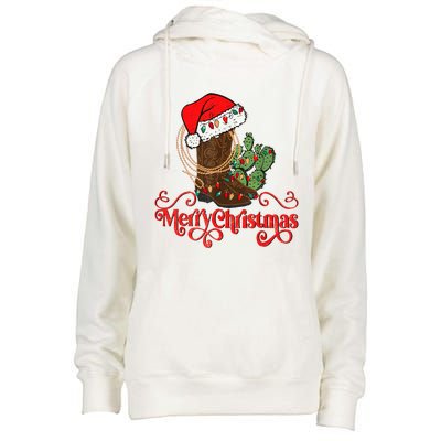 Retro Merry Xmas Santa Hat Cowboy Boots Western Christmas Womens Funnel Neck Pullover Hood