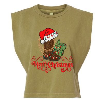 Retro Merry Xmas Santa Hat Cowboy Boots Western Christmas Garment-Dyed Women's Muscle Tee