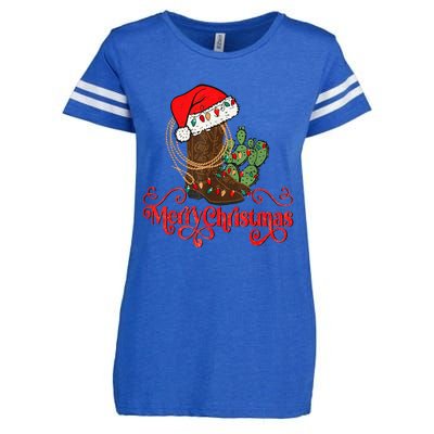 Retro Merry Xmas Santa Hat Cowboy Boots Western Christmas Enza Ladies Jersey Football T-Shirt