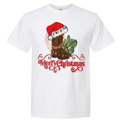 Retro Merry Xmas Santa Hat Cowboy Boots Western Christmas Garment-Dyed Heavyweight T-Shirt