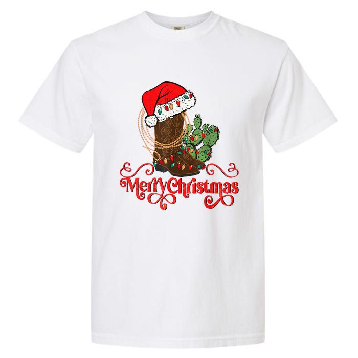 Retro Merry Xmas Santa Hat Cowboy Boots Western Christmas Garment-Dyed Heavyweight T-Shirt