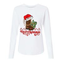 Retro Merry Xmas Santa Hat Cowboy Boots Western Christmas Womens Cotton Relaxed Long Sleeve T-Shirt