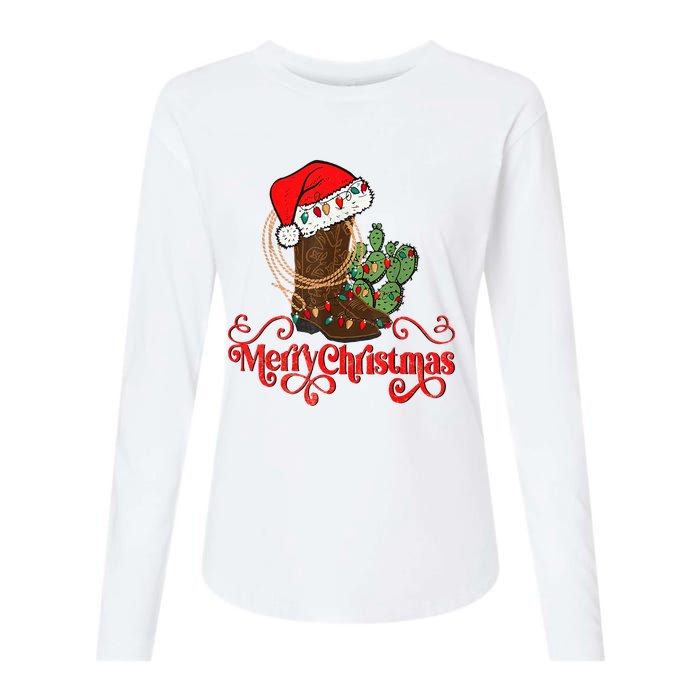 Retro Merry Xmas Santa Hat Cowboy Boots Western Christmas Womens Cotton Relaxed Long Sleeve T-Shirt