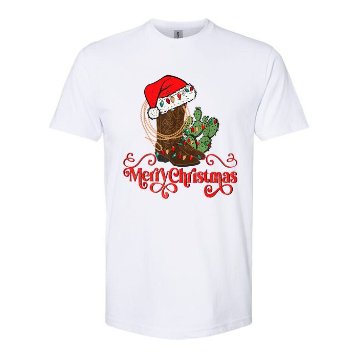 Retro Merry Xmas Santa Hat Cowboy Boots Western Christmas Softstyle CVC T-Shirt