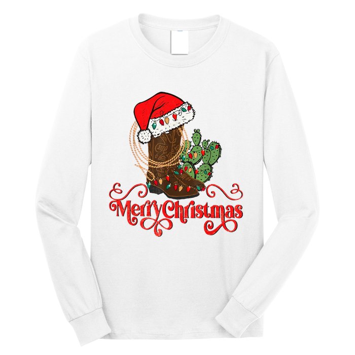 Retro Merry Xmas Santa Hat Cowboy Boots Western Christmas Long Sleeve Shirt