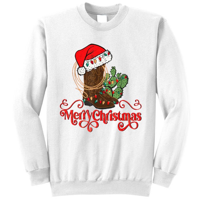 Retro Merry Xmas Santa Hat Cowboy Boots Western Christmas Sweatshirt