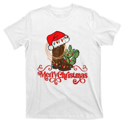 Retro Merry Xmas Santa Hat Cowboy Boots Western Christmas T-Shirt