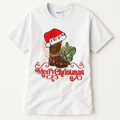 Retro Merry Xmas Santa Hat Cowboy Boots Western Christmas Tall T-Shirt