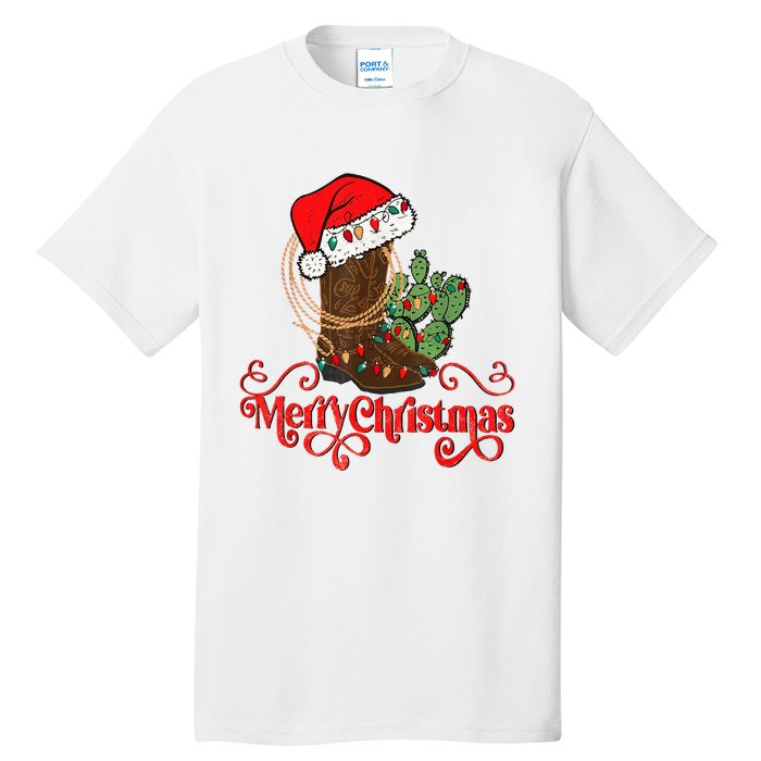 Retro Merry Xmas Santa Hat Cowboy Boots Western Christmas Tall T-Shirt