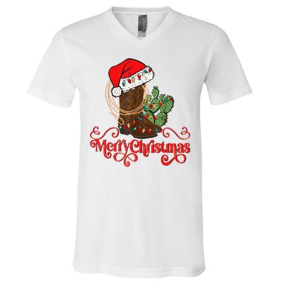 Retro Merry Xmas Santa Hat Cowboy Boots Western Christmas V-Neck T-Shirt