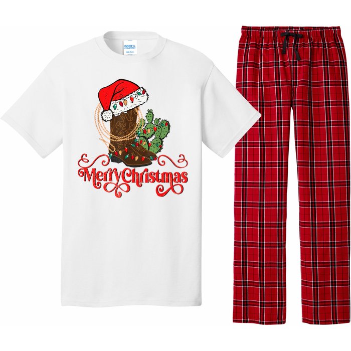 Retro Merry Xmas Santa Hat Cowboy Boots Western Christmas Pajama Set