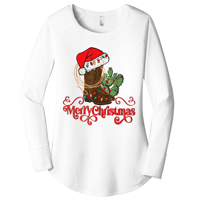 Retro Merry Xmas Santa Hat Cowboy Boots Western Christmas Women's Perfect Tri Tunic Long Sleeve Shirt