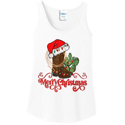 Retro Merry Xmas Santa Hat Cowboy Boots Western Christmas Ladies Essential Tank