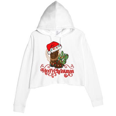 Retro Merry Xmas Santa Hat Cowboy Boots Western Christmas Crop Fleece Hoodie