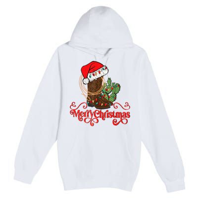 Retro Merry Xmas Santa Hat Cowboy Boots Western Christmas Premium Pullover Hoodie