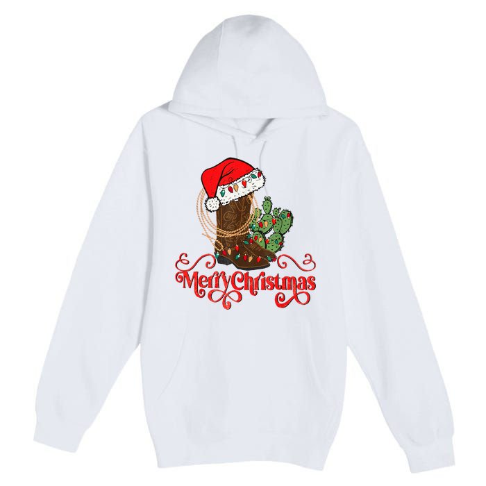 Retro Merry Xmas Santa Hat Cowboy Boots Western Christmas Premium Pullover Hoodie