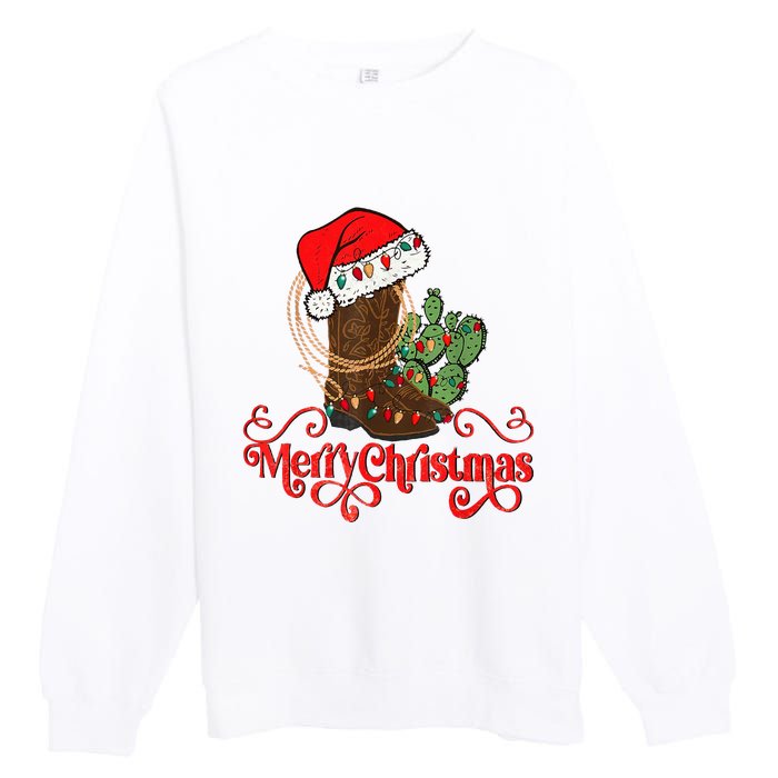 Retro Merry Xmas Santa Hat Cowboy Boots Western Christmas Premium Crewneck Sweatshirt