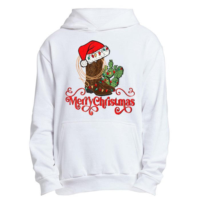 Retro Merry Xmas Santa Hat Cowboy Boots Western Christmas Urban Pullover Hoodie