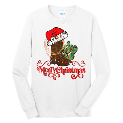 Retro Merry Xmas Santa Hat Cowboy Boots Western Christmas Tall Long Sleeve T-Shirt