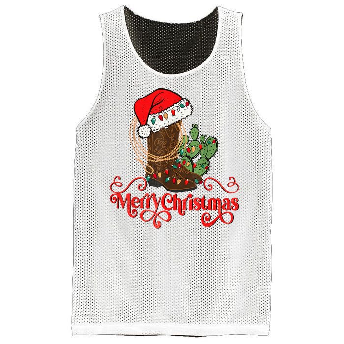 Retro Merry Xmas Santa Hat Cowboy Boots Western Christmas Mesh Reversible Basketball Jersey Tank