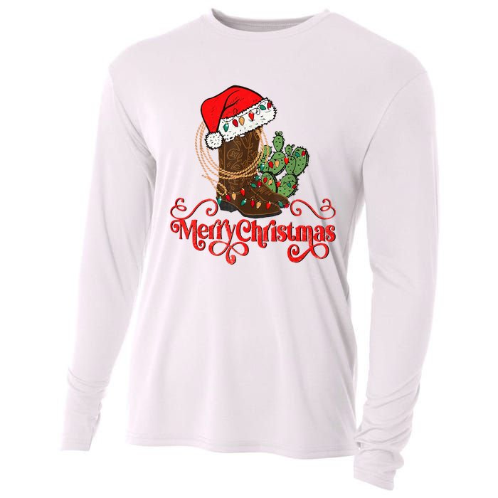 Retro Merry Xmas Santa Hat Cowboy Boots Western Christmas Cooling Performance Long Sleeve Crew