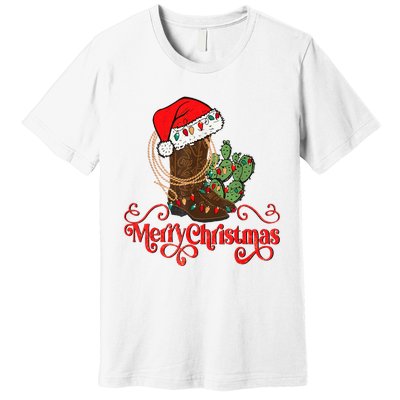 Retro Merry Xmas Santa Hat Cowboy Boots Western Christmas Premium T-Shirt