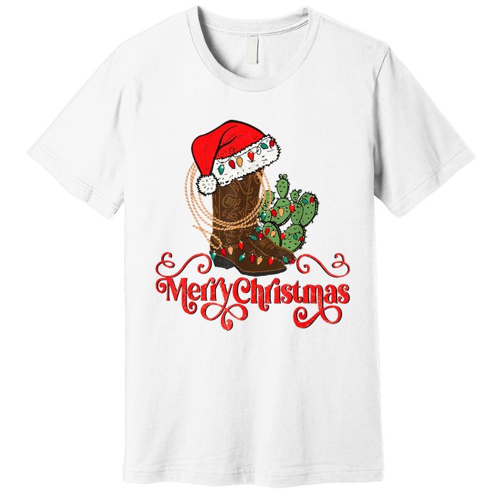 Retro Merry Xmas Santa Hat Cowboy Boots Western Christmas Premium T-Shirt