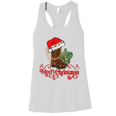 Retro Merry Xmas Santa Hat Cowboy Boots Western Christmas Women's Racerback Tank