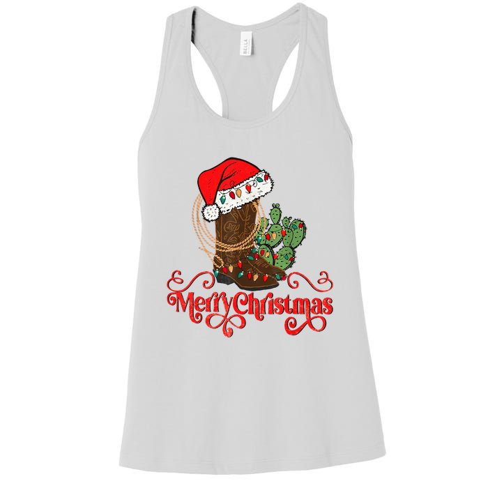 Retro Merry Xmas Santa Hat Cowboy Boots Western Christmas Women's Racerback Tank