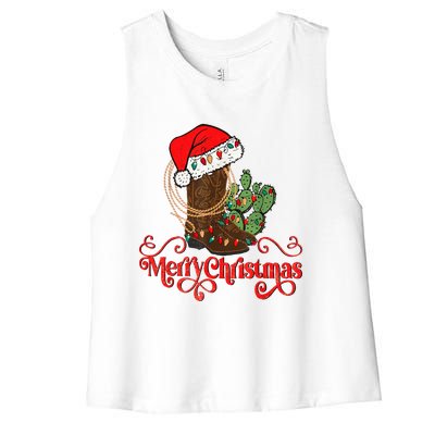 Retro Merry Xmas Santa Hat Cowboy Boots Western Christmas Women's Racerback Cropped Tank