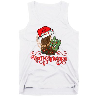 Retro Merry Xmas Santa Hat Cowboy Boots Western Christmas Tank Top