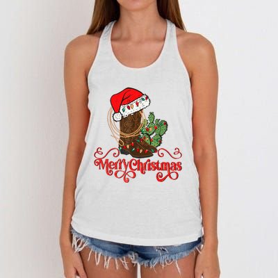 Retro Merry Xmas Santa Hat Cowboy Boots Western Christmas Women's Knotted Racerback Tank